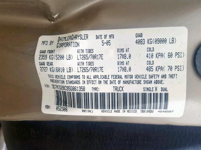 3D7KS28C95G861358 - 2005 DODGE RAM 2500 S Bej foto 10