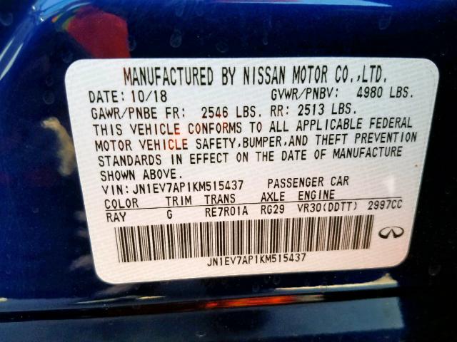 JN1EV7AP1KM515437 - 2019 INFINITI Q50 LUXE BLUE photo 10