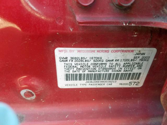 JA3AJ26E94U016212 - 2004 MITSUBISHI LANCER ES RED photo 10