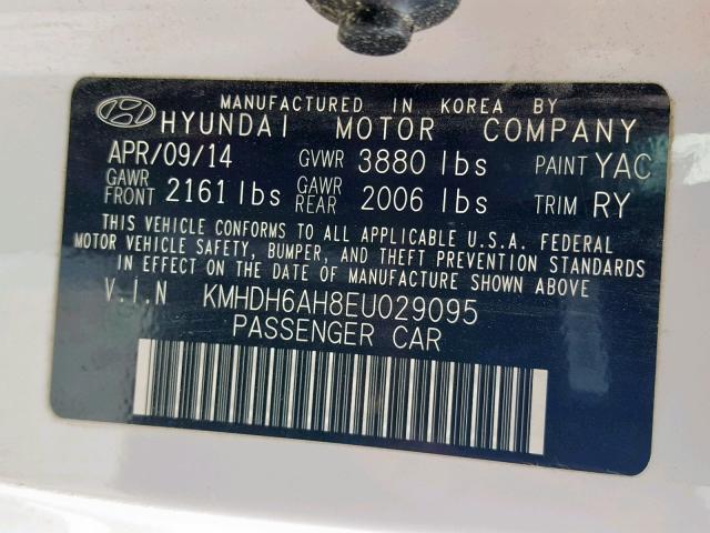 KMHDH6AH8EU029095 - 2014 HYUNDAI ELANTRA CO WHITE photo 10