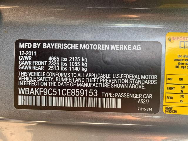 WBAKF9C51CE8591523 - 2012 BMW 335 XI GRAY photo 9