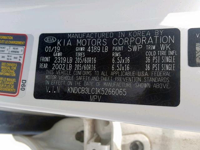 KNDCB3LC1K5266065 - 2019 KIA NIRO FE WHITE photo 10