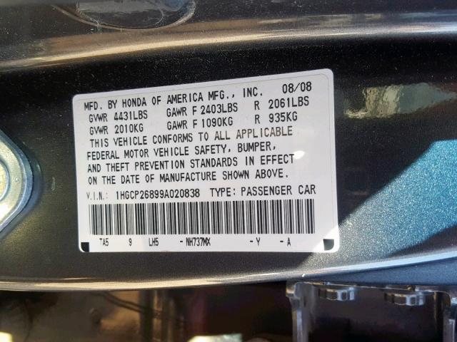 1HGCP26899A020838 - 2009 HONDA ACCORD EXL GRAY photo 10