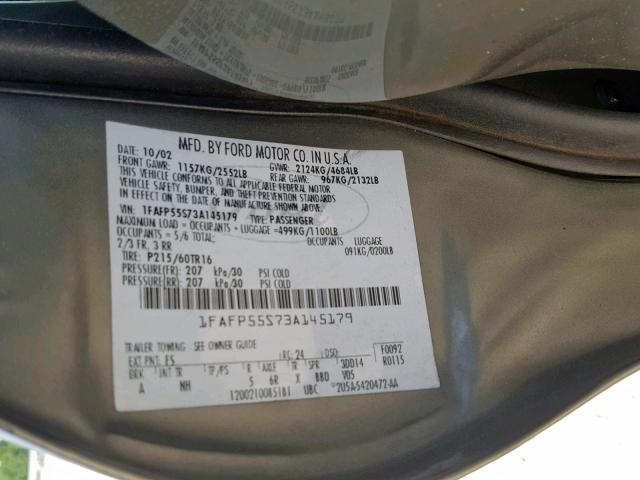 1FAFP55S73A145179 - 2003 FORD TAURUS SES GREEN photo 10