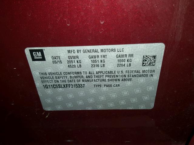 1G11C5SLXFF315337 - 2015 CHEVROLET MALIBU 1LT ბურგუნდია ფოტო 10