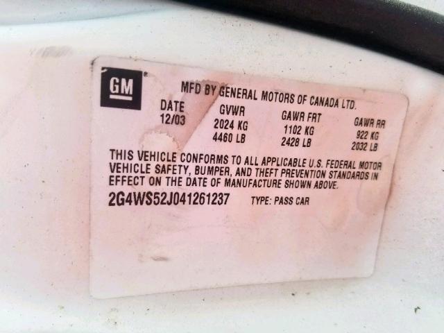 2G4WS52J041261237 - 2004 BUICK CENTURY CU WHITE photo 10