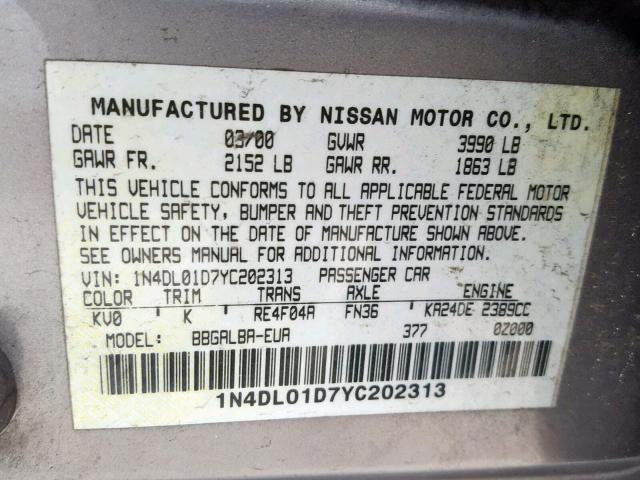 1N4DL01D7YC202313 - 2000 NISSAN ALTIMA XE SILVER photo 10