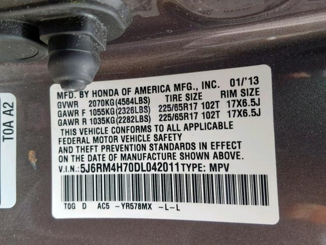 5J6RM4H70DL042011 - 2013 HONDA CR-V EXL BROWN photo 10