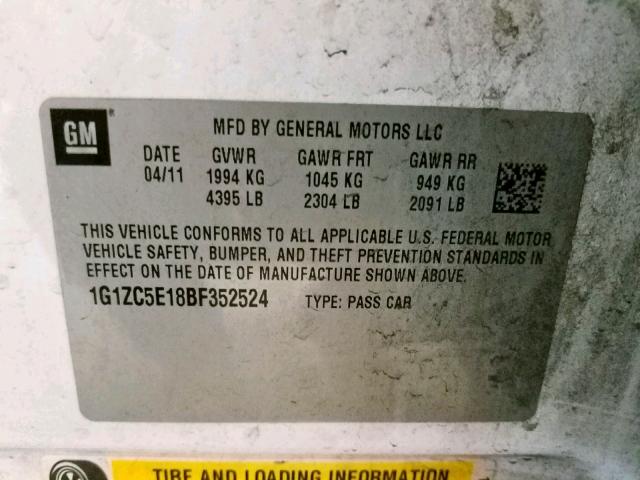 1G1ZC5E18BF352524 - 2011 CHEVROLET MALIBU 1LT WHITE photo 10