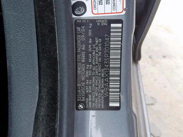 WBAAX13435PJ01047 - 2005 BMW 325 IT SUL GRAY photo 10