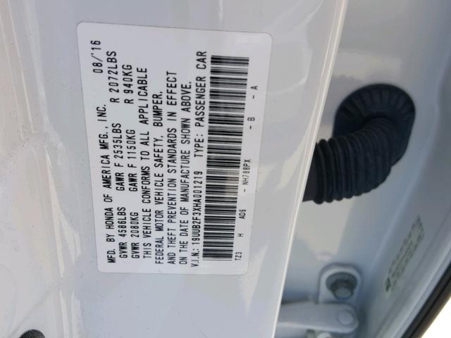 19UUB2F3XHA001219 - 2017 ACURA TLX WHITE photo 10