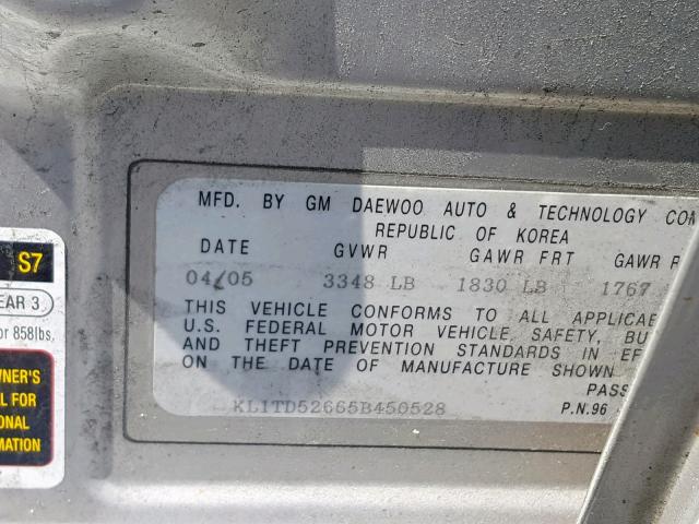 KL1TD52665B450528 - 2005 CHEVROLET AVEO BASE ვერცხლისფერი ფოტო 10