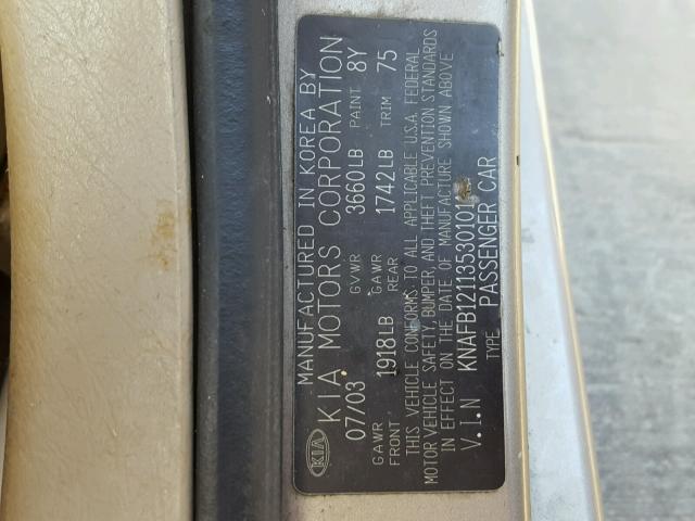 KNAFB121135301011 - 2003 KIA SPECTRA BA TAN photo 10