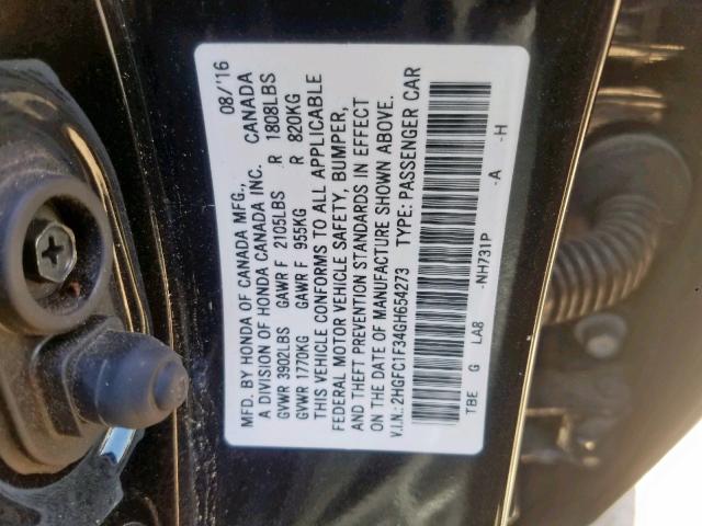 2HGFC1F34GH654273 - 2016 HONDA CIVIC EX BLACK photo 10