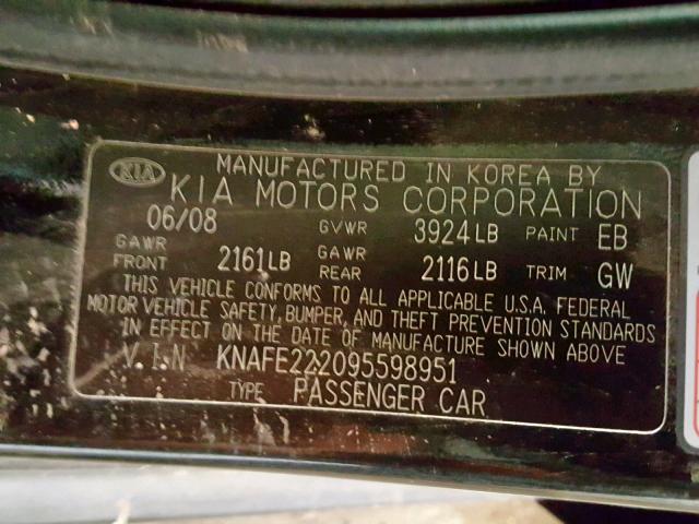 KNAFE222095598951 - 2009 KIA SPECTRA EX BLACK photo 10