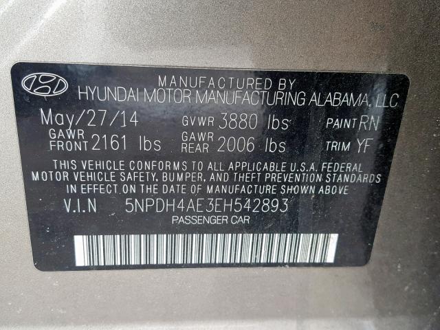 5NPDH4AE3EH542893 - 2014 HYUNDAI ELANTRA SE BROWN photo 10