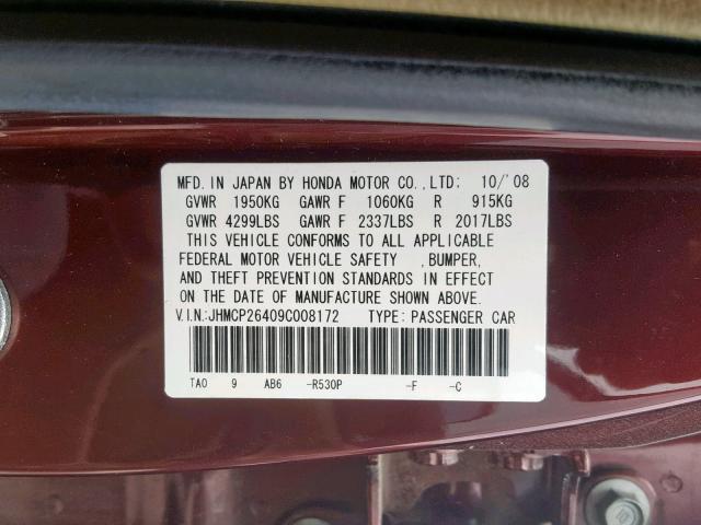 JHMCP26409C008172 - 2009 HONDA ACCORD LXP RED photo 10