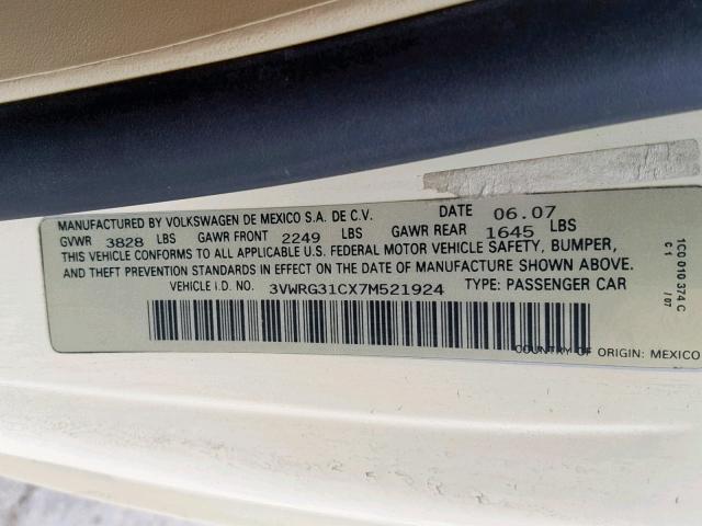 3VWRG31CX7M521924 - 2007 VOLKSWAGEN NEW BEETLE კრემისფერი ფოტო 10