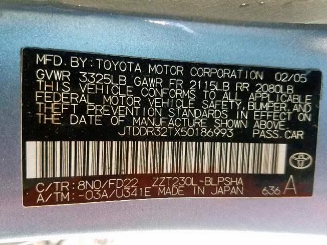 JTDDR32TX50186993 - 2005 TOYOTA CELICA GT BLUE photo 10