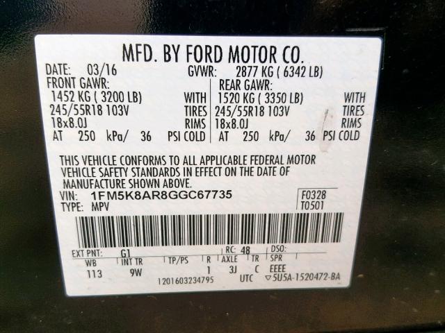 1FM5K8AR8GGC67735 - 2016 FORD EXPLORER P BLACK photo 10