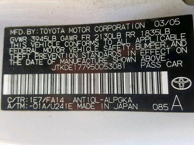 JTKDE177950053081 - 2005 TOYOTA SCION TC ვერცხლისფერი ფოტო 10