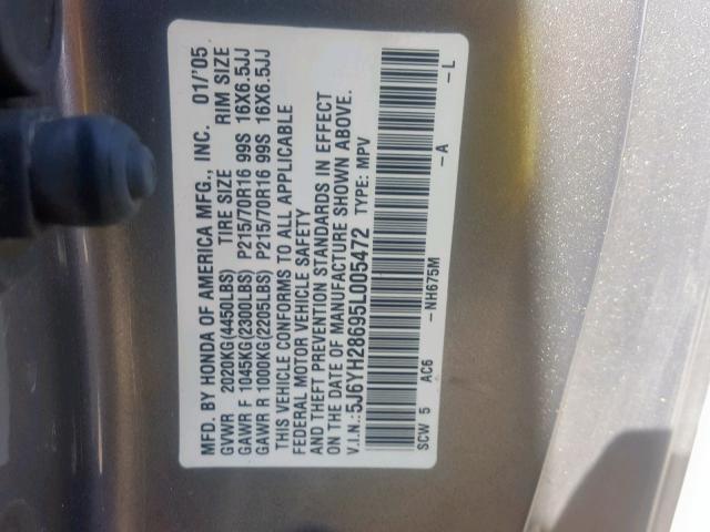 5J6YH28695L005472 - 2005 HONDA ELEMENT EX GRAY photo 10