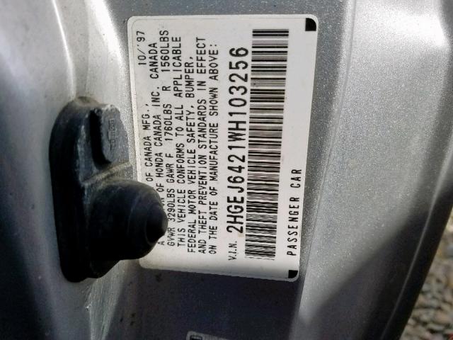 2HGEJ6421WH103256 - 1998 HONDA CIVIC CX SILVER photo 10