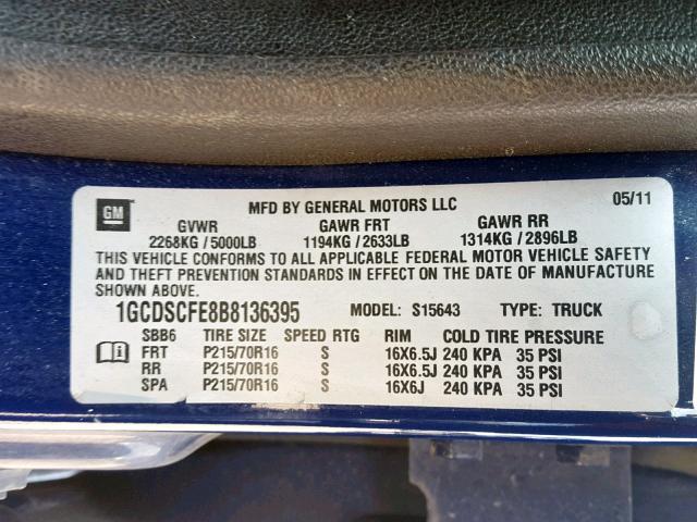 1GCDSCFE8B8136395 - 2011 CHEVROLET COLORADO L BLUE photo 10