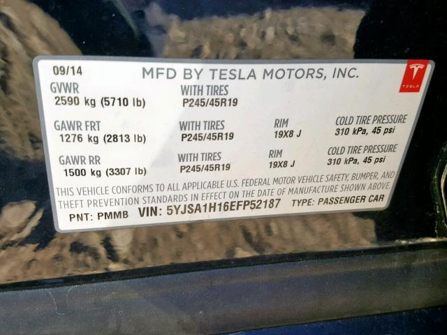 5YJSA1H16EFP52187 - 2014 TESLA MODEL S Mavi foto 10