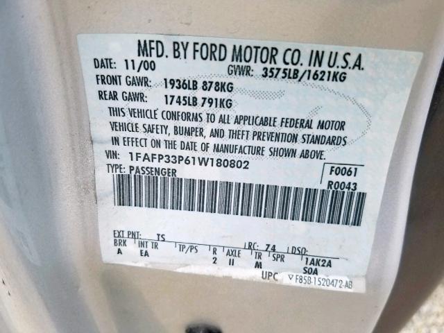 1FAFP33P61W180802 - 2001 FORD FOCUS LX SILVER photo 10