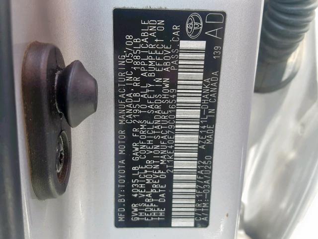 2T1KE40E79C016549 - 2009 TOYOTA COROLLA MA SILVER photo 10