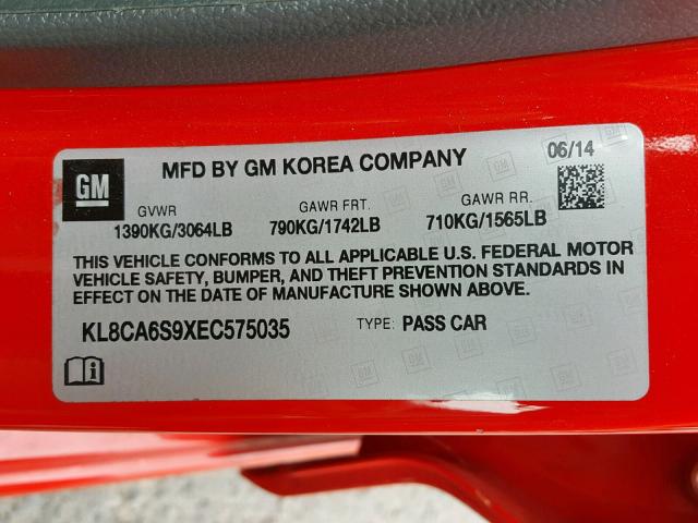 KL8CA6S9XEC575035 - 2014 CHEVROLET SPARK LS RED photo 10