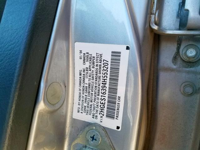 2HGES16394H553207 - 2004 HONDA CIVIC DX V SILVER photo 10