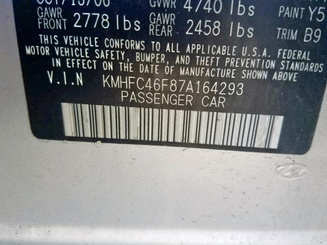 KMHFC46F87A164293 - 2007 HYUNDAI AZERA SE SILVER photo 10