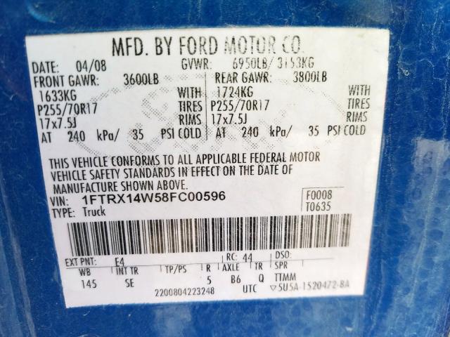 1FTRX14W58FC00596 - 2008 FORD F150  photo 10