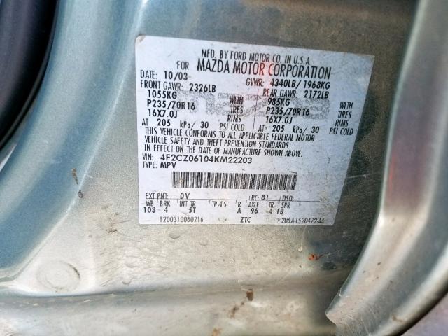 4F2CZ06104KM22203 - 2004 MAZDA TRIBUTE ES 绿色 照片 10