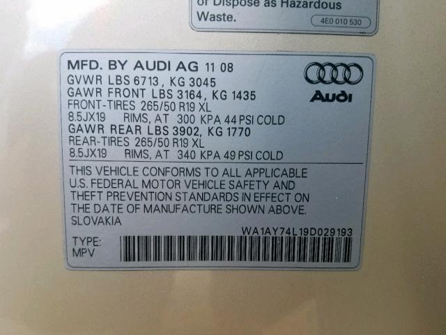 WA1AY74L19D029193 - 2009 AUDI Q7 3.6 QUA BEIGE photo 10