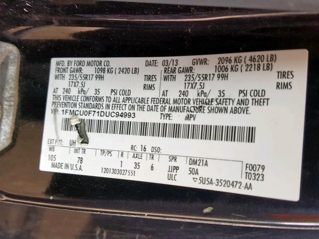 1FMCU0F71DUC94993 - 2013 FORD ESCAPE S BLACK photo 10