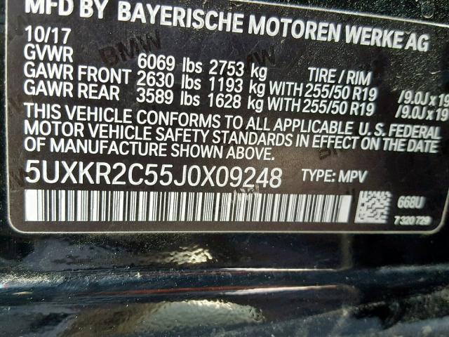 5UXKR2C55J0X09248 - 2018 BMW X5 SDRIVE3 BLACK photo 10