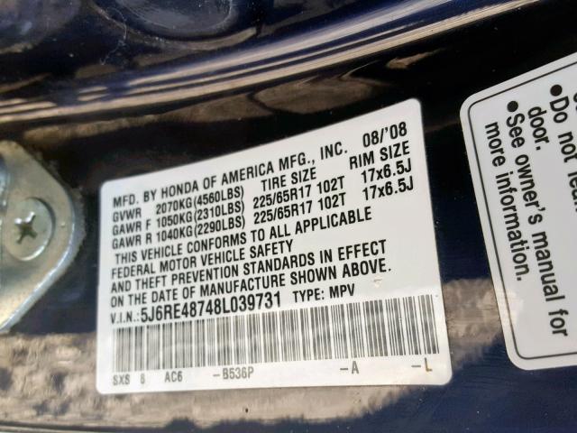 5J6RE48748L039731 - 2008 HONDA CR-V EXL BLUE photo 10