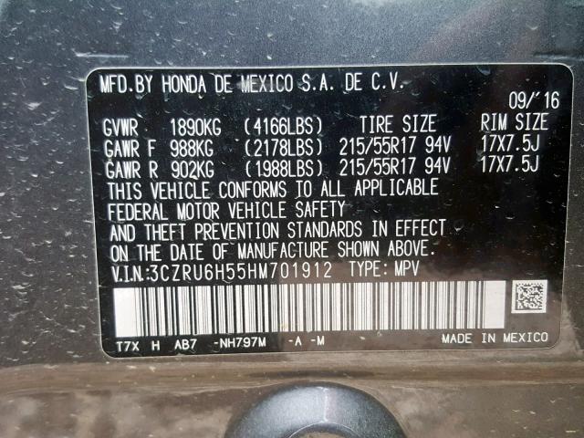 3CZRU6H55HM701912 - 2017 HONDA HR-V EX GRAY photo 10