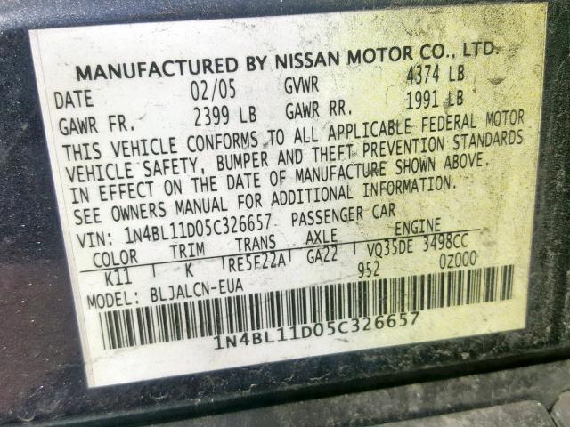 1N4BL11D05C326657 - 2005 NISSAN ALTIMA SE GRAY photo 10