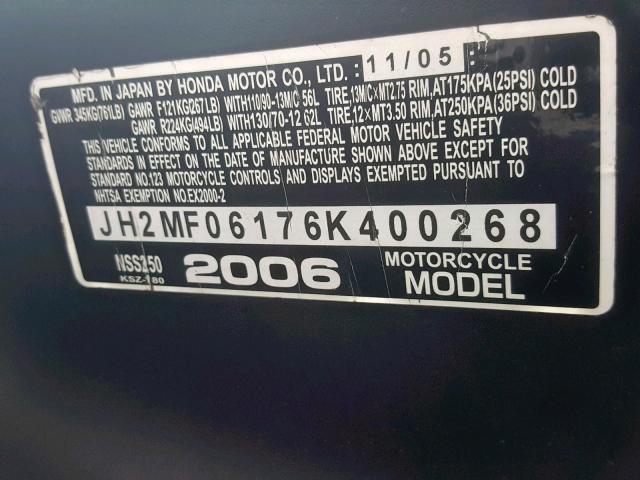 JH2MF06176K400268 - 2006 HONDA NSS250 BLUE photo 10