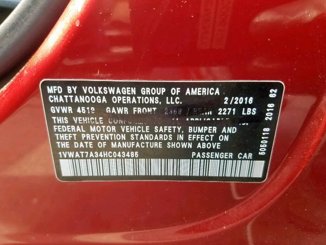 1VWAT7A34HC043485 - 2017 VOLKSWAGEN PASSAT S RED photo 10