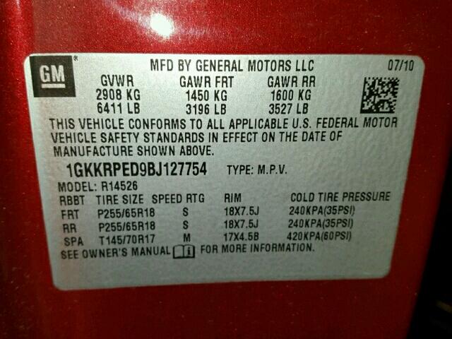 1GKKRPED9BJ127754 - 2011 GMC ACADIA SLE RED photo 10