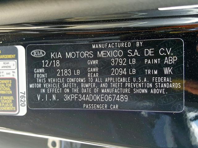 3KPF34AD0KE067489 - 2019 KIA FORTE GT L BLACK photo 10