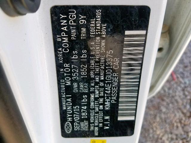 KMHCT4AE1GU013375 - 2016 HYUNDAI ACCENT SE WHITE photo 10