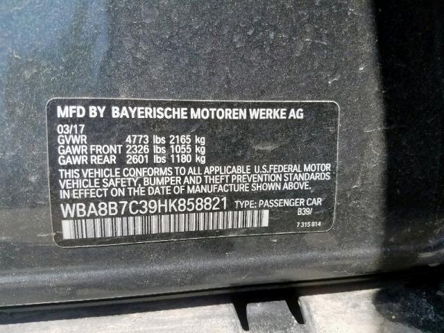 WBA8B7C39HK858821 - 2017 BMW 340 XI GRAY photo 10