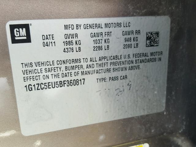 1G1ZC5EU5BF360817 - 2011 CHEVROLET MALIBU 1LT 米色 照片 10