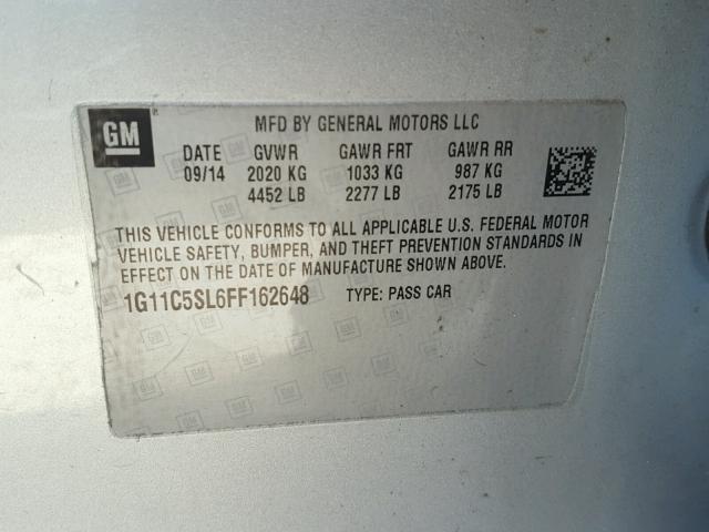 1G11C5SL6FF162648 - 2015 CHEVROLET MALIBU 1LT SILVER photo 10